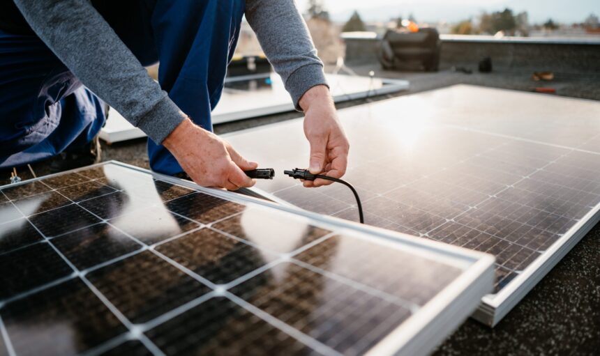 Worker,Installing,Solar,Energy,Panels.,Alternative,Energy,System.,Eco,Concept